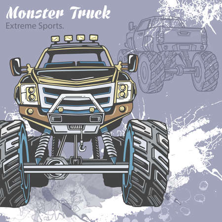 Monster Truck on the sport background with splashes and sketch. Retro vector illustration for extreme sports, Adventure, travel, outdoors art symbols. Off Road can be used in sport, travel design.のイラスト素材