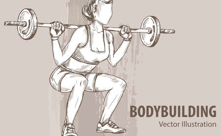 Hand sketch of a women with a barbell. Vector sport illustration. Graphic silhouette of the athlete on background design.のイラスト素材