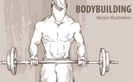 Hand sketch of a man with a barbell. Vector sport illustration. Graphic silhouette of the athlete on background design.のイラスト素材