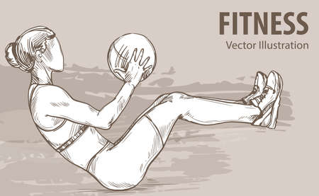 Hand sketch of a girl is training with a ball. Vector sport illustration. Graphic silhouette of the athlete on background design.のイラスト素材