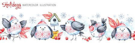 Watercolor seamless horizontal garland. Funny birds, birdhouse, berries, leaves and snowflakes....