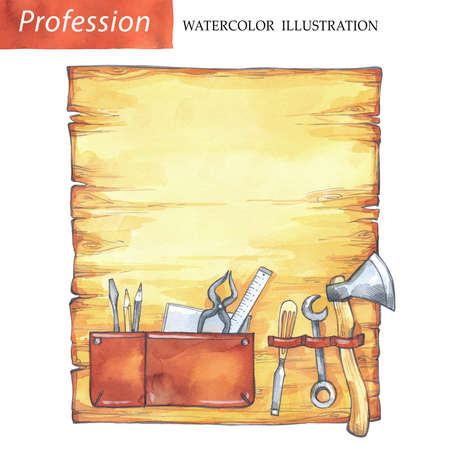 Hand painted wooden board with carpenter tools. Profession, hobby, craft illustration. Watercolor wood work. Mens work.の写真素材