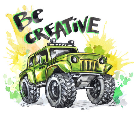 Hand drawn card with big car and lettering. Words Be Creative . Watercolor multicolor illustration....