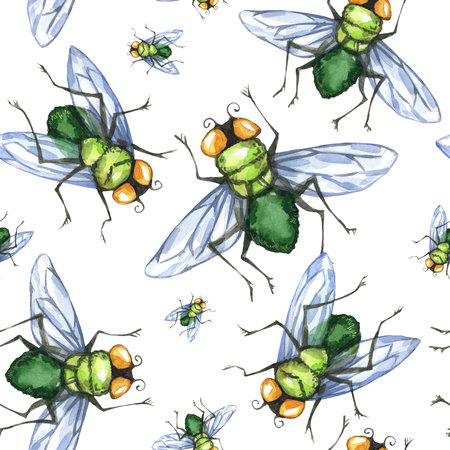 Watercolor seamless pattern, flock of flies. Halloween holiday illustration. Funny insects. Grunge...