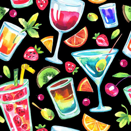 Colorful party seamless pattern. Watercolor tropical cocktails, fruits, berries. Modern summer background for holiday card, postcard, gift wrapping paper. Hand painted food and drinks illustration.の写真素材