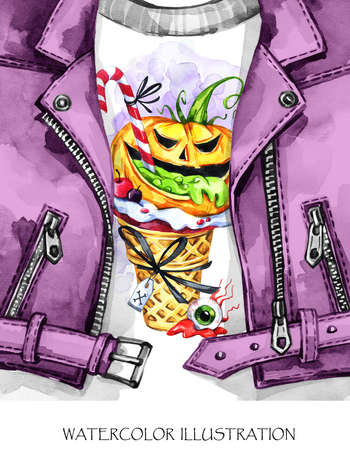 Watercolor fun illustration. Halloween card. Hand painted leather jacket with print. Waffle cone, pumpkin with poisonous stuffing. Rock style girl. Ready for print, poster, greeting, invitation cards.の写真素材