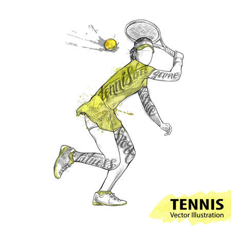 Hand sketch of American tennis player. Vector sport illustration. Watercolor silhouette of the athlete with thematic words. Text graphics, lettering. Active people. Recreation lifestyle. Women.のイラスト素材