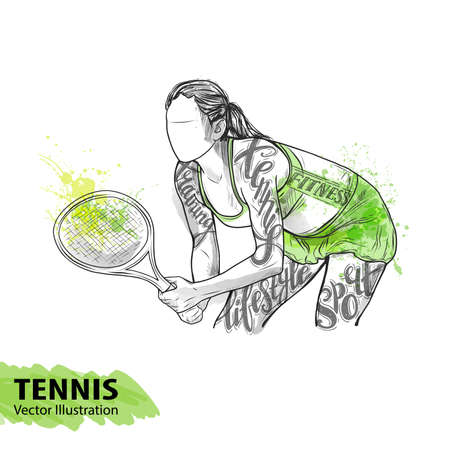 Hand sketch of American tennis player. Vector sport illustration. Watercolor silhouette of the athlete with thematic words. Text graphics, lettering. Active people. Recreation lifestyle. Women.のイラスト素材