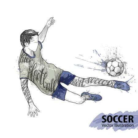 Hand sketch of soccer player with ball. Vector sport illustration. Watercolor silhouette of the athlete with thematic words. Text graphics, lettering. Active people. Recreation lifestyle. Man.のイラスト素材