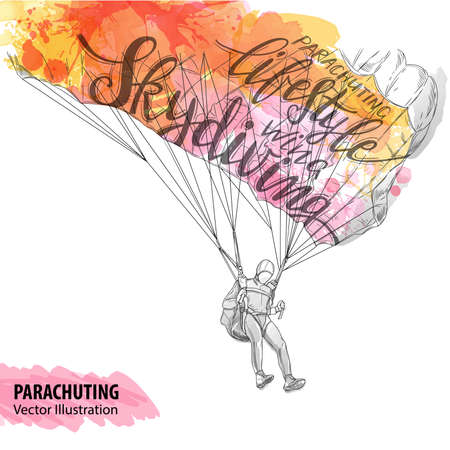 Hand sketch of parachuting athlete. Vector sport illustration. Watercolor silhouette of the man with thematic words. Text graphics, lettering. Active people. Extreme lifestyle.のイラスト素材