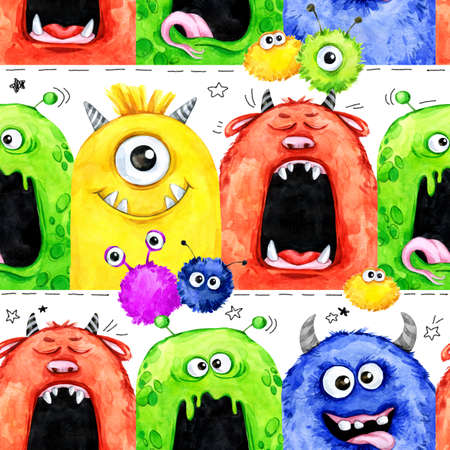 Watercolor seamless pattern with funny monster heads. Celebration illustration. Cartoon horror party. Funny beasts. Baby background. Can be use in holidays, birthday design, posters, cards.の写真素材