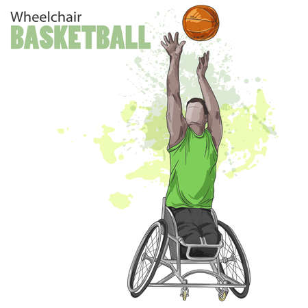 Hand drawn illustration. Wheelchair Basketball. Vector sketch sport. Graphic figure of disabled athlete with a ball. Active people. Recreation lifestyle. Man. Handicapped people.のイラスト素材