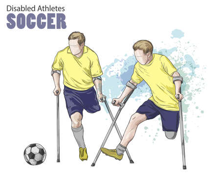 Hand drawn illustration. Amputee Football players. Vector sketch sport. Graphic figure of disabled athletes on crutches with a ball. Active people. Recreation lifestyle. Man. Handicapped people.のイラスト素材