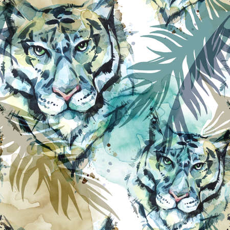 Watercolor exotic seamless pattern. Tigers with colorful tropical leaves. African animals background. Wildlife art illustration. Can be printed on T-shirts, bags, posters, invitations, cards.の写真素材