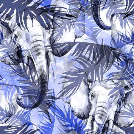 Watercolor exotic seamless pattern. Elephants with colorful tropical leaves. African animals background. Wildlife art illustration. Can be printed on T-shirts, bags, posters, invitations, cards.の写真素材