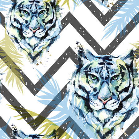 Watercolor exotic seamless pattern. Tigers with colorful tropical leaves on geometric texture. African animals background. Wildlife art illustration. Can be printed on T-shirts, posters, invitations.の写真素材
