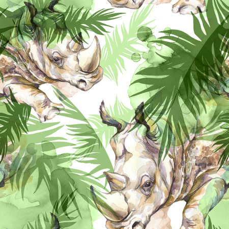 Watercolor exotic seamless pattern. Rhinoceros with colorful tropical leaves. African animals background. Wildlife art illustration. Can be printed on T-shirts, bags, posters, invitations, cards.の写真素材
