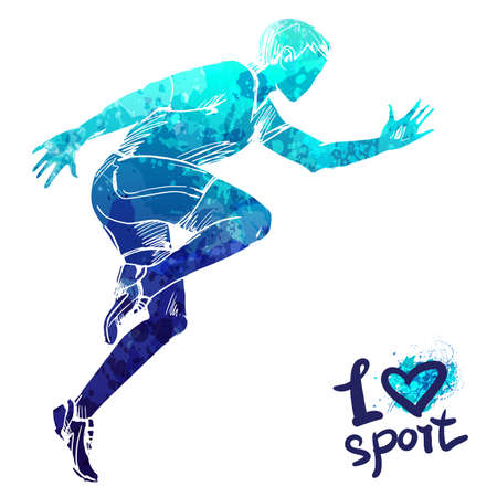 Bright watercolor silhouette of a running man; Graphic figure of athlete, active people, recreation lifestyle.  Man. I love sport.のイラスト素材