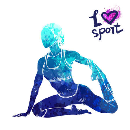 Bright watercolor silhouette of a girl doing yoga. Vector sport illustration. Graphic figure of the athlete. Active people. Recreation lifestyle. Women. I love sport.のイラスト素材