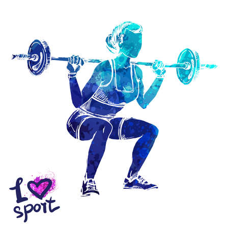 Bright watercolor silhouette of a women with a barbell. Vector sport illustration. Graphic figure of the athlete. Active people. Recreation lifestyle. Women. I love sport.のイラスト素材