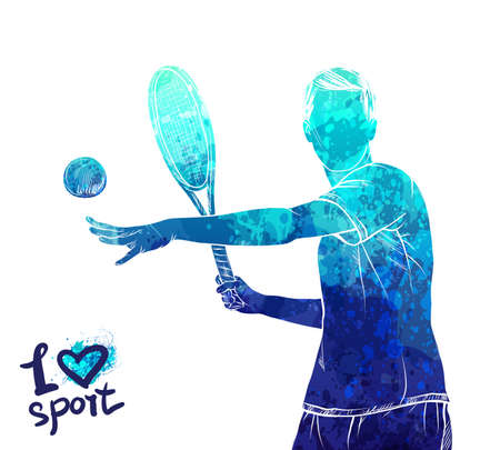 Bright watercolor silhouette of tennis player.のイラスト素材