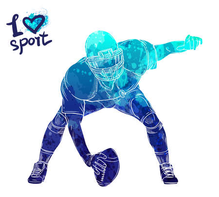 Bright watercolor silhouette of American football player. Vector sport illustration. Graphic figure of the athlete. Active people. Recreation lifestyle. Man. Logo I love sport.のイラスト素材