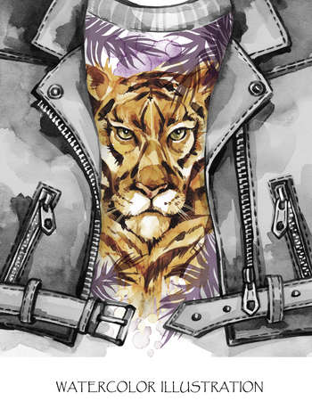 Watercolor exotic fashion pattern. Hand painted leather jacket with tiger head and tropical leaves. African animals background. Wildlife illustration. Style girl. Ready for print, greeting card.の写真素材
