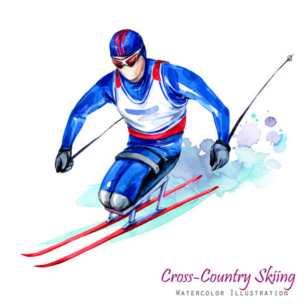 Watercolor illustration. Cross-Country Skiing. Disability snow sports. Disabled athlete riding by ski on snow. Active people. Man. Disability and social policy. Social support. Extreme games.の写真素材