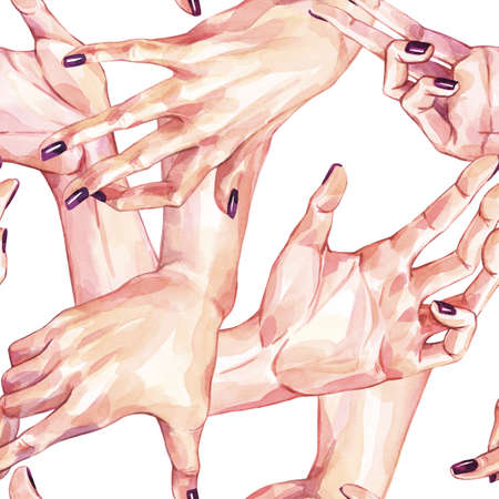 Watercolor seamless pattern, collection of girls hands in vintage realistic style. Gestures and hand touches. Womens community. Human, body parts illustration. Art symbol of love and friendship. Art.の写真素材