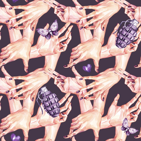 Watercolor seamless pattern, collection of girls hands holding bombs in realistic style. Gestures and hand touches. Human, body parts. Art symbol of danger love. Valentines day illustration. Amore.の写真素材