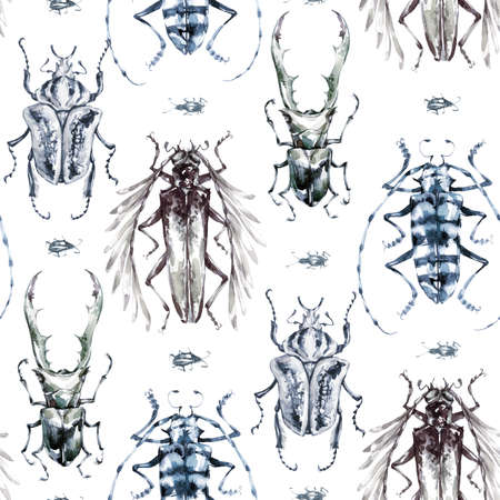 Seamless pattern with monochrome beetles. Summer and spring background, watercolor illustration. Entomology. Wildlife set. Animal, insects texture. Can be used for a poster, printing on fabric.の写真素材