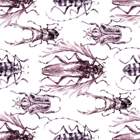 Seamless pattern with monochrome beetles. Summer and spring background, watercolor illustration. Entomology. Wildlife set. Animal, insects texture. Can be used for a poster, printing on fabric.の写真素材