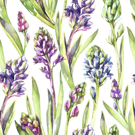 Seamless pattern Hyacinths flowers and leaves. Spring watercolor illustration in violet shades. Botanical texture. Fresh and bright design. Can be used for a poster, printing on fabric. Nature.の写真素材