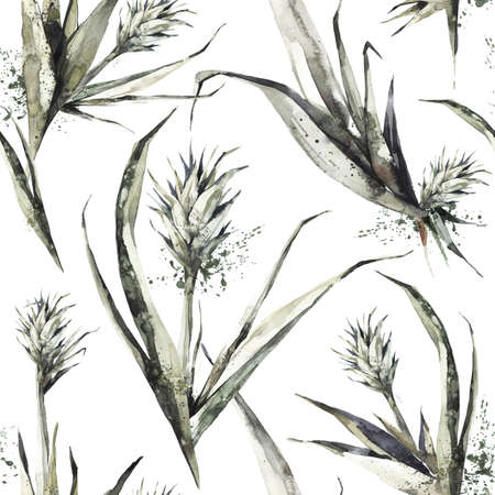 Seamless pattern with pineapple sprouts and leaves. Tropical summer watercolor illustration. Botanical texture in bronze shades. Monochrome design. Can be used for a poster, printing on fabric.の写真素材