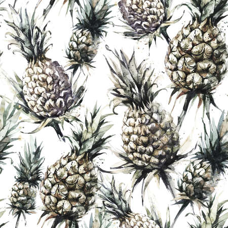 Seamless pattern with pineapples and leaves. Tropical summer watercolor illustration. Botanical texture in bronze shades. Monochrome nature design. Can be used for a poster, printing on fabric.の写真素材