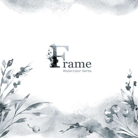 Hand painted square frame with watercolor flowers and herbs. Original hand drawn illustration. Natural template design. Botanical texture. Invitation card. Place for your text.の写真素材