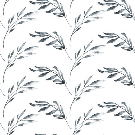 Seamless pattern with watercolor leaves and herbs. Original hand drawn illustration. Botanical texture. Monochrome nature design. Can be used for a poster, printing on fabric.の写真素材