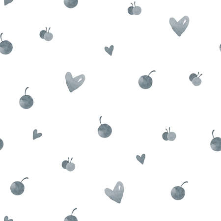 Seamless pattern with watercolor berries and hearts. Original hand drawn illustration. Lovely texture. Monochrome nature design. Can be used for a poster, printing on fabric.の写真素材