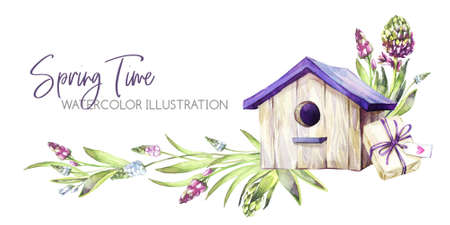 Hand painted horizontal border with Hyacinths flowers, leaves and birdhouse. Spring rustic watercolor illustration in violet shades. Horticulture hobby. Can be used for a poster, wedding desings. Nature.の写真素材
