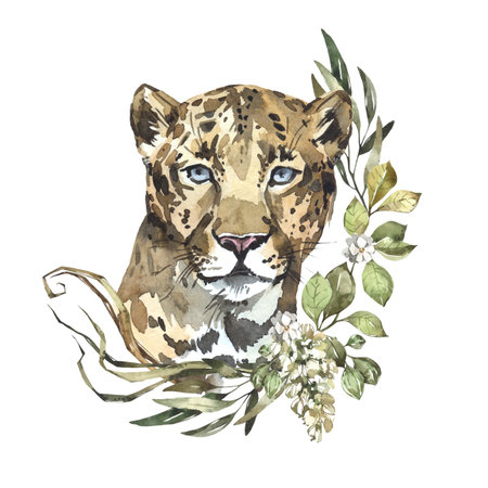 Watercolor leopard portrait with flowers. African animlas clipart. World Zoo nature illustration for kids products. World fauna and flora. Hand drawn wild cat head with dried bouquet print.の写真素材