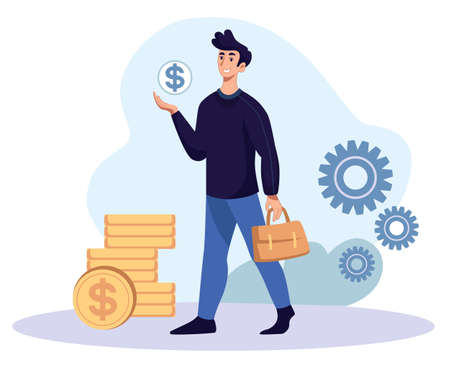 The business team is ready to work. Business vector illustration template. Money and gearsのイラスト素材