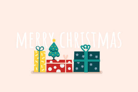 Gift greeting card Merry Christmas with gift boxes and Christmas tree. Vector flat illustration.のイラスト素材