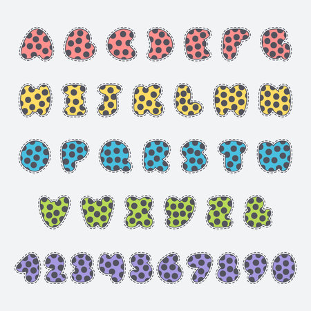 vector doodle dotted colorful alphabet and numbers with dotted line isolated on light backgroundのイラスト素材