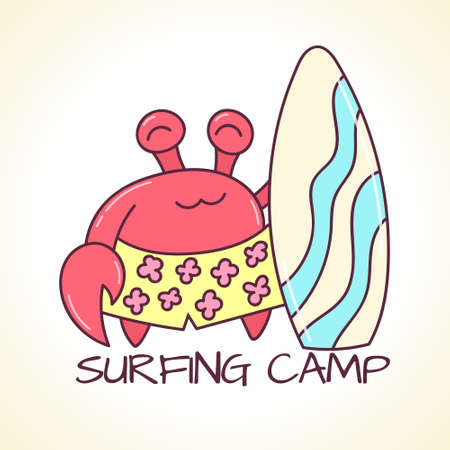 vector doodle crab with surfboard isolated in white backgroundのイラスト素材