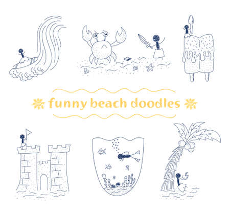 vector set of funny beach doodles isolated on white backgroundのイラスト素材