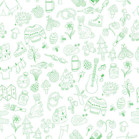 vector seamless pattern with hand drawn doodle camping elements on white backgroundのイラスト素材