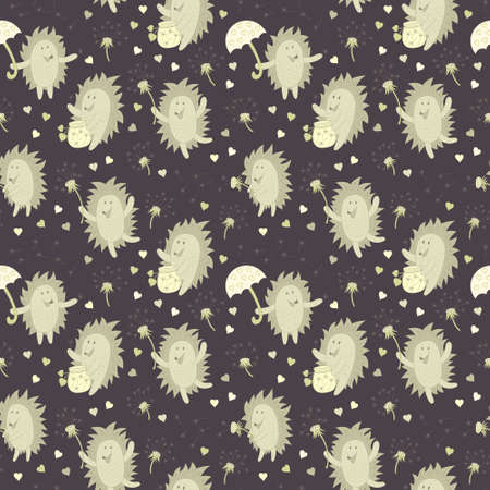 vector seamless pattern with hedgehogs and dandelion flowers on dark backgroundのイラスト素材