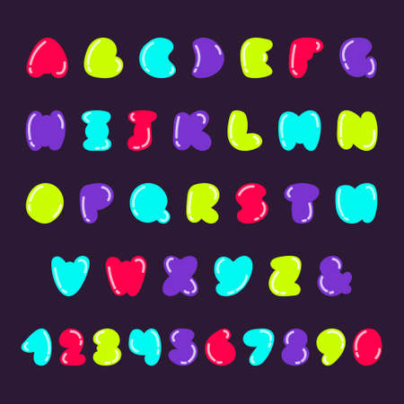 vector doodle colorful alphabet and numbers isolated on dark backgroundのイラスト素材
