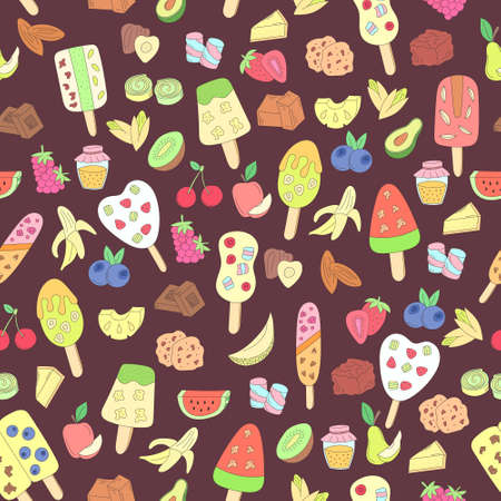 vector seamless pattern with colorful doodle ice cream and ingredients on dark background. hand drawn illustration for menu, recipe, kitchen, cafe stuff, fabric.のイラスト素材