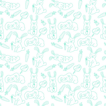 vector seamless pattern with doodle rabbits and carrot on white backgroundのイラスト素材